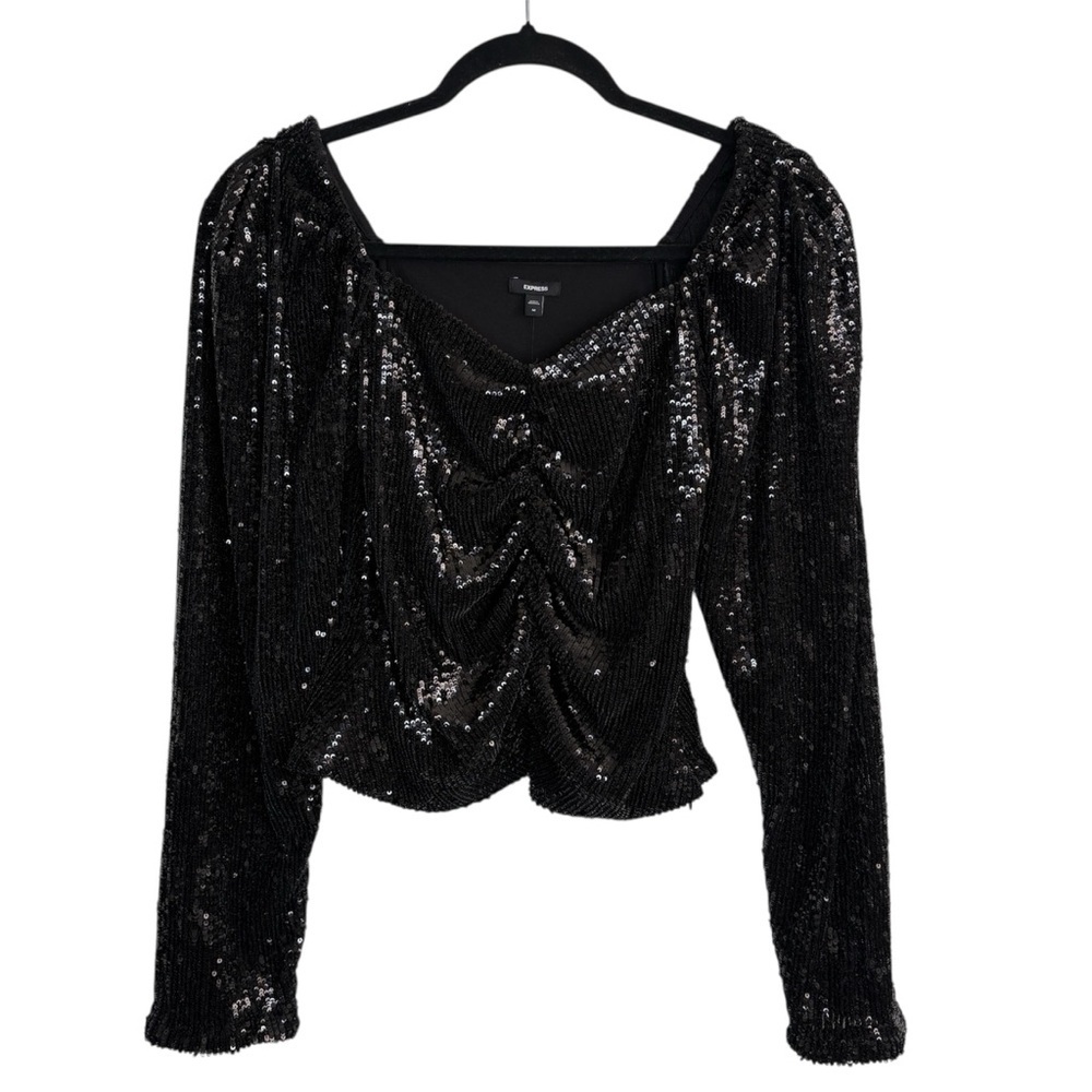 NWT Express Sequin Long Sleeve Top Sweetheart Neckline Ruched Front Size M - Picture 2 of 10